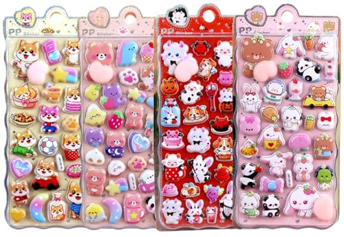 Niedliche 3D Aufkleber | 4 Bögen Cartoon Po Motive Verschiedene Designs | 3D Aufkleber Für Scrapbooking | Für Kinder, Mädchen, Handyhülle, Laptop, Klassenbelohnungen, Partyüberraschungen,