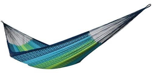 MacaMex Solea XL Netzhängematte, luftiges Baumwollnetz, ergonomisch dehnbar, 260 cm breit, 400 cm lang, 100% Handarbeit (Ocean XL)