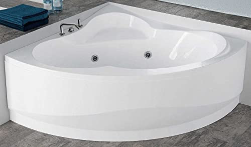 Baignoire d'angle Angle courbe Joint une Hydro 135x135 H55 cm colonne Robinetterie Bord Douchette Panneau avant symétrique Whirlpool Télécommande ON/OFF châssis acrylique blanc brillant