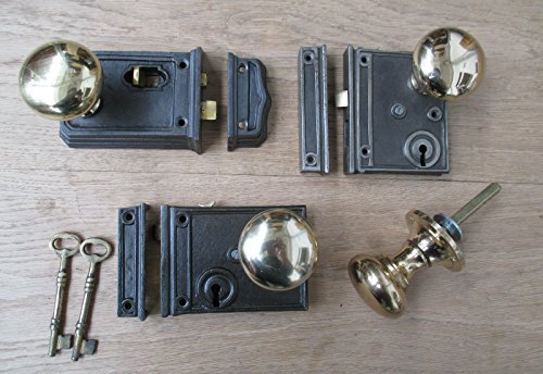 IRONMONGERY WORLD® Old Vintage Style CAST Iron Period Home Country Rim Door Lock KNOB Handle (Vertical Rim Lock ONLY)