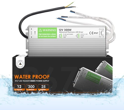 12V LED Driver 300W LED Transformer Waterproof Outdoor Transformer | IP67 AC 240V to DC 12V 25A Power Supply Constant Low Voltage Adapter for Strip Light Garden Shed Cabinet Light