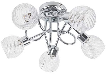 MiniSun Contemporary 5 Way Polished Chrome Curved Arm Flush Ceiling Light with Swirled Glass Dome Shades