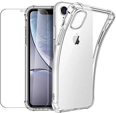 New&Teck Coque pour iPhone XR (6.1) + [Verre Trempé Protection écran], en Transparent Silicone TPU Souple [Bumper avec Coins Renforcés], Protection Claire.