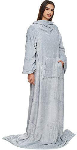 made2trade Weiche Kuscheldecke mit Ärmeln, Bauchtasche und Handyfach - aus fedeleichtem Coral-Fleece - Grau - Gr. 170x200cm