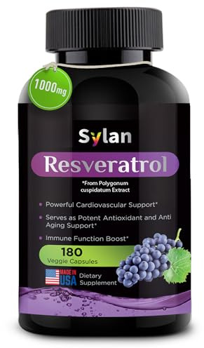 SYLAN Resveratrol Supplement, 1000mg, 180 Veggie Capsules, Antioxidant, Supports Heart, Joint, Brain, Immune Health & Anti-Aging, Non-GMO, Made in USA, Resveratrol 500mg Powder per Capsul