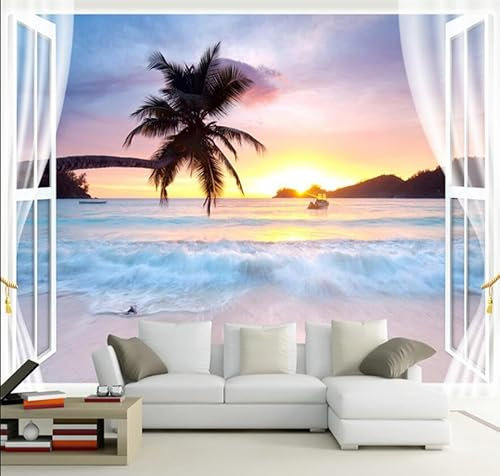 STROXTH WALLPAPER Papier Peint Panoramique Sur Mesure Soie 3d Fenêtre Tropical Plage Mer Paysage Coucher Soleil Avec Fenetre Nature Arbre Feuillage Adulte Enfant Salon Chambre Poster Geant Mural