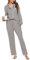 Vlazom Pigiami Due Pezzi Donna, Morbidi Set Pigiama da Donna Scollo a V Maniche Lunghe con Bottoni Set Pigiama da Notte,XL,A-Grigio
