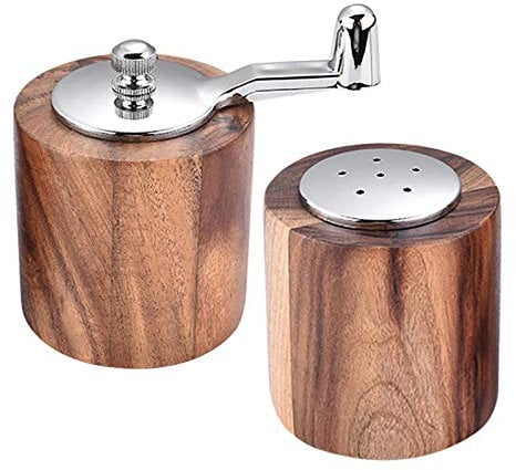 Manual Salt and Pepper Grinder Kit, Wooden Two-piece Grinder+Seasoning Jar Rock Salt/Dried Herbs Mill Grinder Set, Antique Adjustable Coarseness Grinder Shakers, Fit for All Kinds of Kitchen Spices