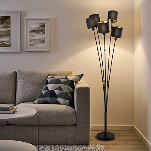Osasy Neuheit Kreative Stehleuchte 5-flammig Wohnzimmer Stehlampeaus Metall/Stoff in Schwarz/Gold, 5 x E14 max. 40 Watt(Ohne Glühbirne), Fußschalter am Kabel, stehlampe modern für Büro Esszimmer.
