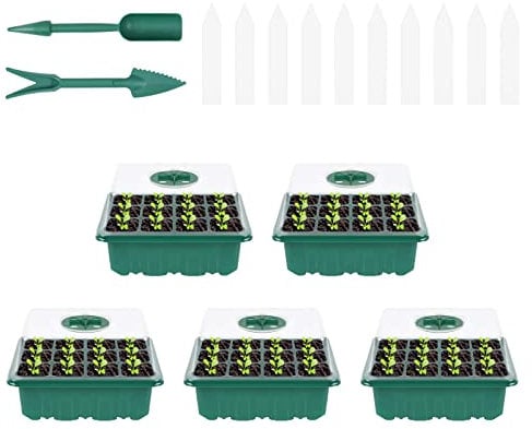 flintronic Bandejas de Germinación 5 PCS/60 Células Plántulas, Bandejas de Semilleros de Germinacion, Mini Invernadero Bandejas de Cultivo Germinación con Cúpula y Base, para Plantas en Crecimiento
