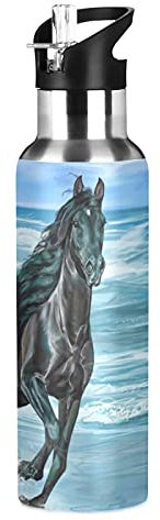 Vnurnrn Art Mignon Cadeau Animal Cheval Bouteille d'eau Isotherme avec Paille en Acier Inoxydable Gourde 600ML, Sans Bpa Gourdes Eau pour Enfant Sport Randonnée École Bureau