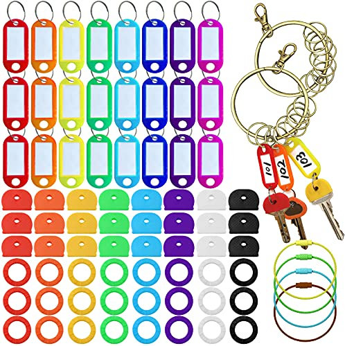 78Pcs Key Caps Tags Couvre Ensemble,48Pcs Couvercles d'identification de clé en plastique et 24Pcs Étiquettes en plastique avec 6Pcs Porte-clés en fil - Couvre-anneaux d'identification de clé