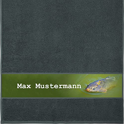 Manutextur Handtuch mit Namen - personalisiert - Motiv Karpfen - viele Farben & Motive - Dusch-Handtuch - anthrazit - Größe 50x100 cm - persönliches Geschenk mit Wunsch-Motiv und Wunsch-Name