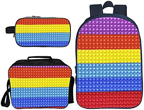 Pop it Schultaschen Set Rucksack + Lunchpaket + Doppellagiges Federmäppchen für Jungen Mädchen Kinder 3D-Druck Schulrucksack 16 Zoll (02)
