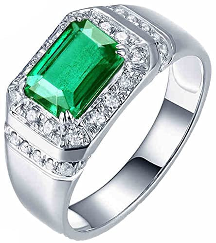 AMDXD Verlobungsring Pt950 Platin, Breiter Ring Gold Herren mit Grün Smaragd 1.42ct, Herren Schmuck Geschenk für Valentinstag Verlobung Geburtstags Weihnachten, Weiß Gold, Gr.62 (19.7)