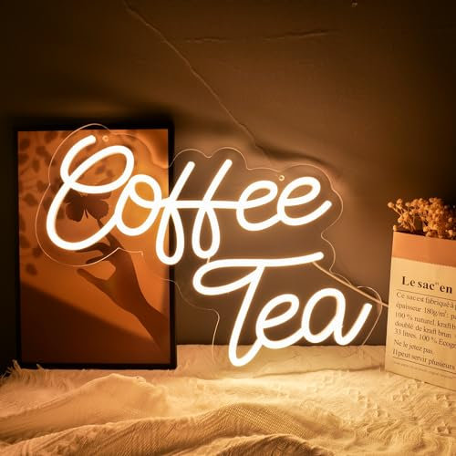 Neon Coffee & Tea Bar Light - LED Hanging Wall Art Sign, 16.9 x 10.6, Warm White Letter LED Sign for Coffee Station, Restaurants, Home, Farmhouse, Kitchen Decoration