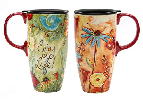 Topadorn Set of 2 Ceramic Coffee Travel Mug Coffee Cup with Lid and Handle, 17oz Large Capacity Mug Home Office Gift