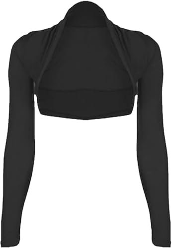 SHADOW DANCE UK Womens Long Sleeve Top Cropped Plain Bolero Cardigan Ladies Shrug Sizes 8-14 - Open Front Shrug Top -Sleeves to Cover Arms Workout Tops Black-SM