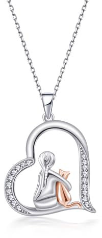PHNIBIRD Katzen Halskette Silber 925 mit Zirkonia Damen Kette mit Herz Anhänger Geschenke Für Mutter Frauen Mädchen 45+5cm