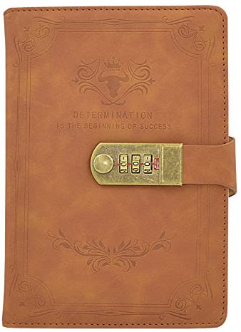 Auvier Diary with Lock, PU Leather Password Lock Notebook, Lockable Journal for Adults with Combination Lock, A5 Writing Notebook Secret Notepad for Office Women Men, Brown