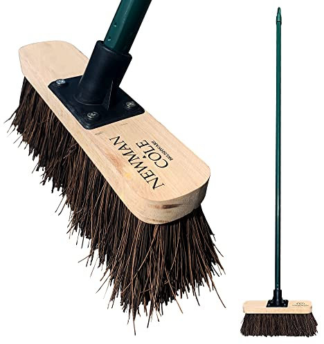 Newman & Cole Stiff Garden Broom Outdoor, 10” Natural Bassine Hard Bristle Broom with Wooden Brush and 120cm Screw Fit Solid Metal Handle