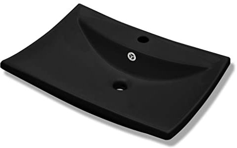 Makastle Waschbecken Waschtisch 60 x 44 cm aus Keramik, mit Überlaufschutz und Wasserhahnloch, Schwarz Aufsatzbecken Aufsatzwaschbecken Handwaschbecken Aufsatzwaschtisch Spülbecken Becken Waschschale