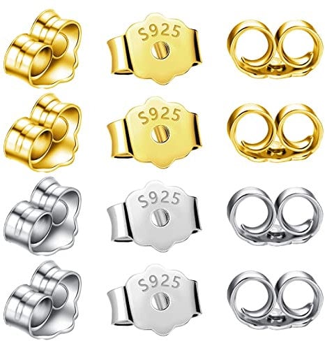 12pcs Butterfly Earrings Back,925 Sterling Silver Earring Backs Hypoallergenic Replacements Butterfly Studs Earring Backs for Earrings Lifters Studs,Women&Girls(6sliver+6gold)