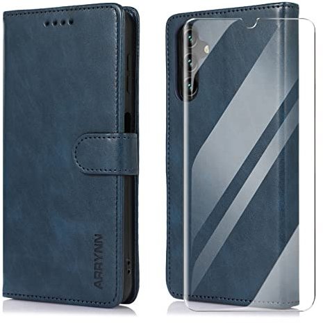 ARRYNN Cover per Samsung Galaxy A14 4G/5G con Vetro Temperato - Custodia a Libro in Pelle con Portafoglio e Supporto Magnetico - Blu