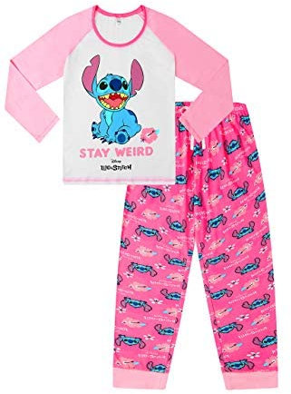 Disney Lilo and Stitch Stay Weird - Pigiama lungo da donna, colore: bianco, rosa, 20-22