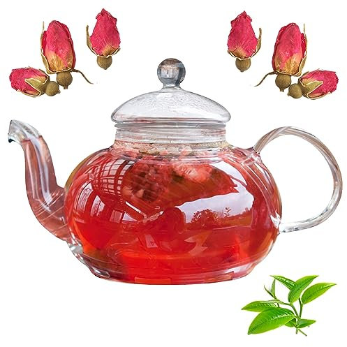 Gohytal Tetera de cristal, 1000 ml, tetera de cristal con colador, para preparar té suelto, tetera transparente con colador, resistente al calor, de vidrio de borosilicato para bebidas frías y