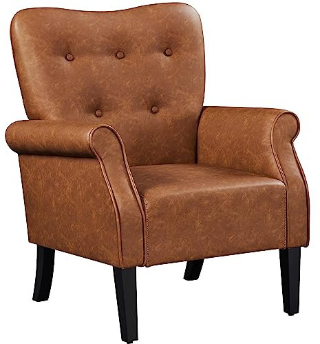 Yaheetech Fauteuil de Salon Chaise de Salon Moderne en Similicuir avec Dossier Capitonné Pied en Bois Chaise d'Aappoint Simple pour Salon Chambre