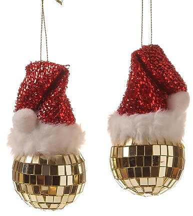 Weihnachtsbaumschmuck DISCOKUGEL mit Nikolausmütze - Kunststoff - inkl. Aufhänger - Gold - 2er Set