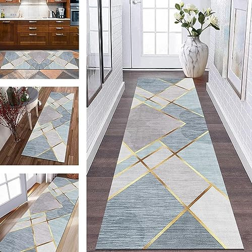 Teppich Läufer Flur rutschfest Küchenläufer Grau Grün Gold Korridor Teppichläufer Waschbar 80X150CM Modern Lang Flurläufer Teppichmatte Küche Schlafzimmer Kinderzimmer Wohnzimmer Meterware Fußmatten