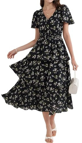 GRACE KARIN Women Flowy Ruffle Long Beach Dress Ruffle Tiered Maxi Dress A Line Puff Short Sleeve Dress for Wedding Party White Flowers M