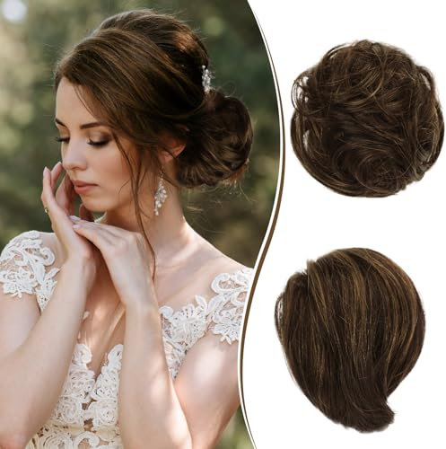 RUWISS Haarteil Lang Dünn Glattes Tousled Updo Bun Rea Echthaar Elegante Haarteile Haargummi Lang Scrunchie Verlängerungfür Damen,25g,Braun gemischt