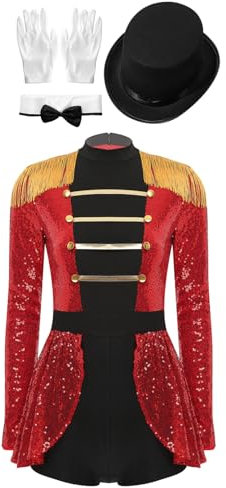 Agoky Damen Zirkus Kostüm Langarm Pailletten Kleid Ringmaster Uniform mit Gentleman Hut Handschuhe und Fliege Halloween Cosplay Outfits Rot 4XL