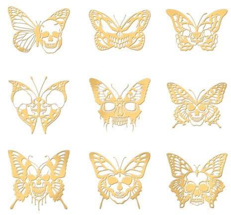 OLYCRAFT 9 Stück 4x4cm Goldene Metall Aufkleber Totenkopf Gesicht Schmetterlings Aufkleber Selbstklebende Aufkleber Tier Goldene Epoxid Aufkleber Für DIY Sammelalben Epoxidharz Dekoration