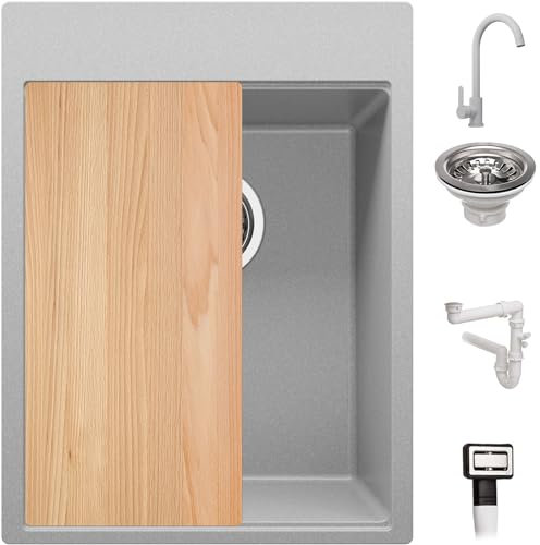 Fregadero Granito Gris 38x50cm, Fregadero Cocina 1 Seno + Sifón + Grifo + Tabla de cortar, Fregadero sobre encimera al mueble 40cm - Oslo Top de Primagran