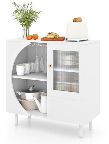 GYMAX Credenza da Buffet, 80 x 30 x 80 cm, Mobiletto per Cucina,Porta in Vetro Ondulato, Portabicchieri a 2 File, Ripiani Aperti, Metallo e Legno, per Soggiorno Moderno, Sala da Pranzo, Bianco