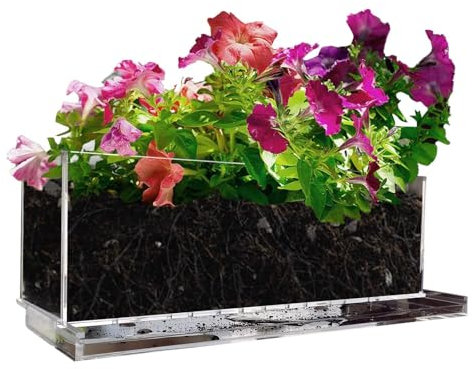 Dirfuny Pflanzgefäß für Fenster, transparenter Acryl-Blumentopf, rechteckig, für drinnen und draußen, transparenter Garten-Pflanztopf mit Ablaufloch