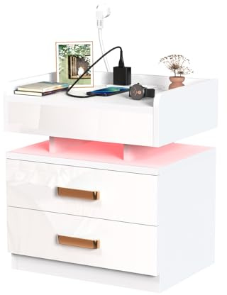 CHOWGOLI Table de Chevet LED Avec 2 Tiroirs, Connectée Avec Prise Électrique - Table de Nuit d'Appoint Pour Chambre à Coucher, Salon, Bureau - Blanc, 45x35x52cm