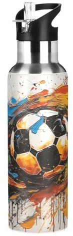 Wzzzsun Art Sport Football Football Isotherme Bouteille d'eau avec Paille, Gourde Sport en Acier Inoxydable 600ML Gourdes sans BPA pour Enfant Garçon Fille École Bureau