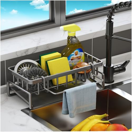 VILCEN Porte Eponge Evier Cuisine, Organisateur Evier Cuisine, Rangement evier Cuisine avec Porte-Serviettes, Organisateur d'évier Support Eponge evier Cuisine,Gris