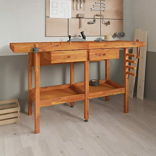 Keyroto Werkbank mit Schubladen und Klemmen, Werkbank aus Holz, Arbeitstisch aus Massivholz, Akazienholz, 162 x 62 x 83 cm