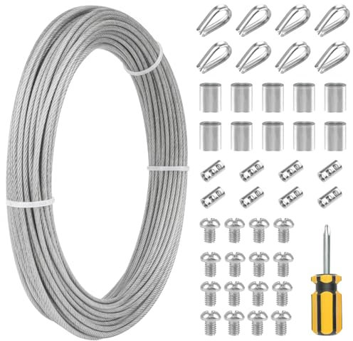 Drahtseil Rankhilfe Set, 20M x 2mm Edelstahl Draht Seil, Stahlseil mit Ösen und Aluminiumhülsen, Seilspanngarnitur - für String Light Suspension, Gardinenseil, Kletterpflanzen, Duschvorhangseil
