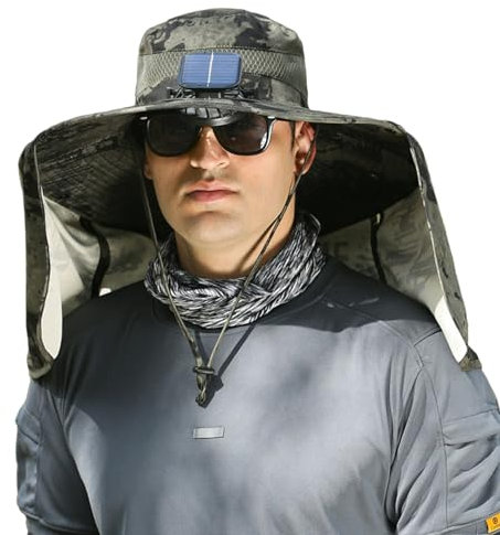 Sun Hat with Solar Fan, Wide Brim Solar Fishing Hat Sun Hat for Beach Camping Outdoor Sport Travel, Women & Men(Green)
