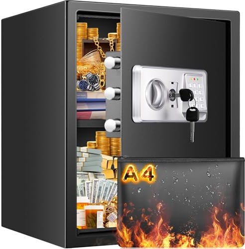 Mejasg 55L Large Fireproof Safe for Home with A4 Fireproof Bag and Removable Shelf, Anti-Theft Home Safe Box with Alarm and Silent Mode, Security Digital Fire Safes for Money Jewelry A4 Document