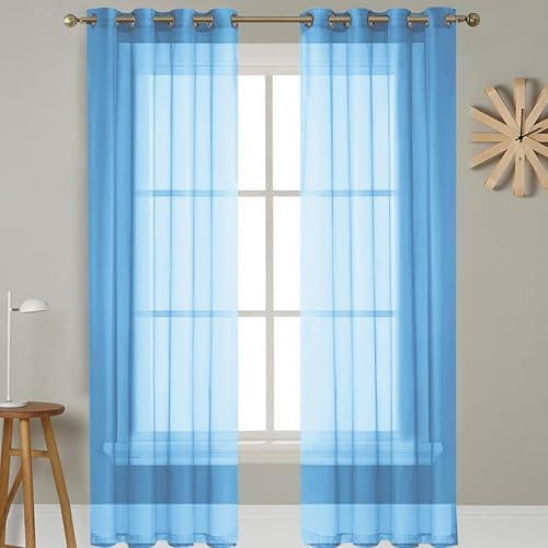 GAIFNAG Gardinen Gestreift Transparent 80 x 75 cm Transparent Wohnzimmer Luftig Dekoschal, Waschbar, Kürzbar Modern Schlaufenschal, Balkontür Gardine für Hochzeit Fenster Wohnzimmer, Himmelblau