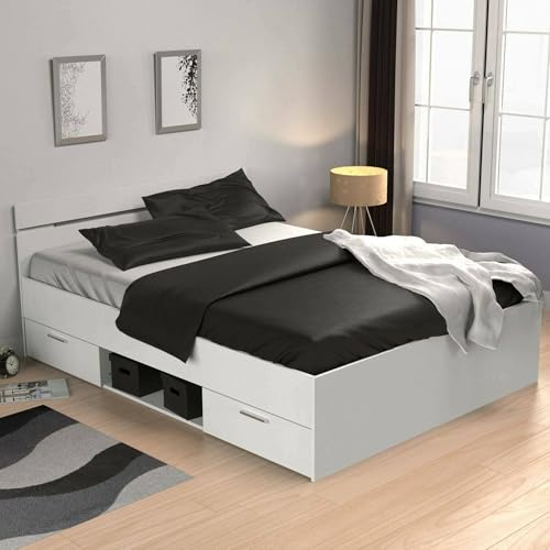 Dmora - Doppelbett VAR, Struktur des Container-Betts, Sommier mit Verkleidung, Matratzenhalterstruktur, 204x145 h74 cm, Mattweiß