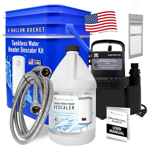 Allied Science Tankless Water Heater Flushing Kit with Square 5-Gallon Bucket, Steel Hoses, 1/6 HP Pump, and Gallon Eco-Friendly Descaler